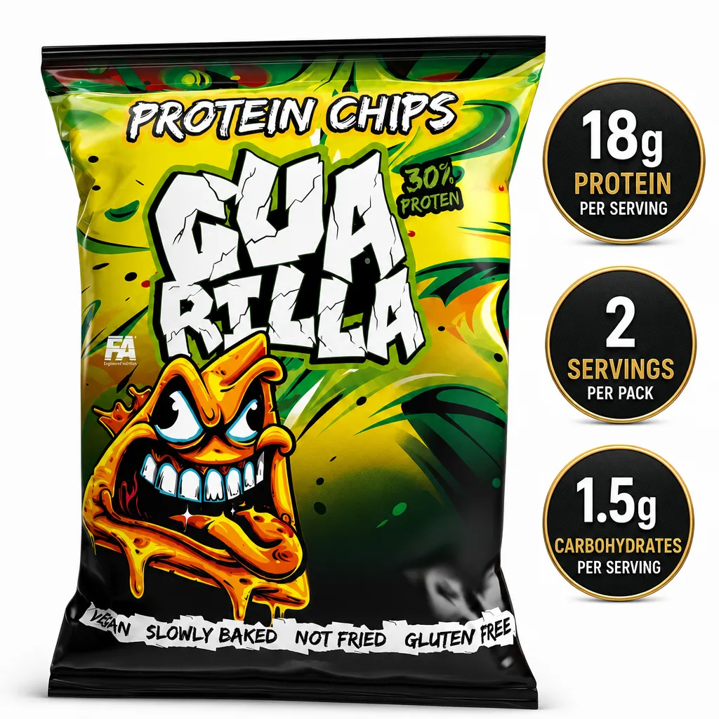 Guarilla Protein Chips, 60g vegan baked snack with 30% plant protein in a bold yellow and black pack
