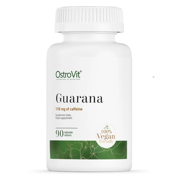 OstroVit Guarana 90 tablets vegan-friendly dietary supplement with 110 mg of caffeine per tablet, in a white bottle with green accents.