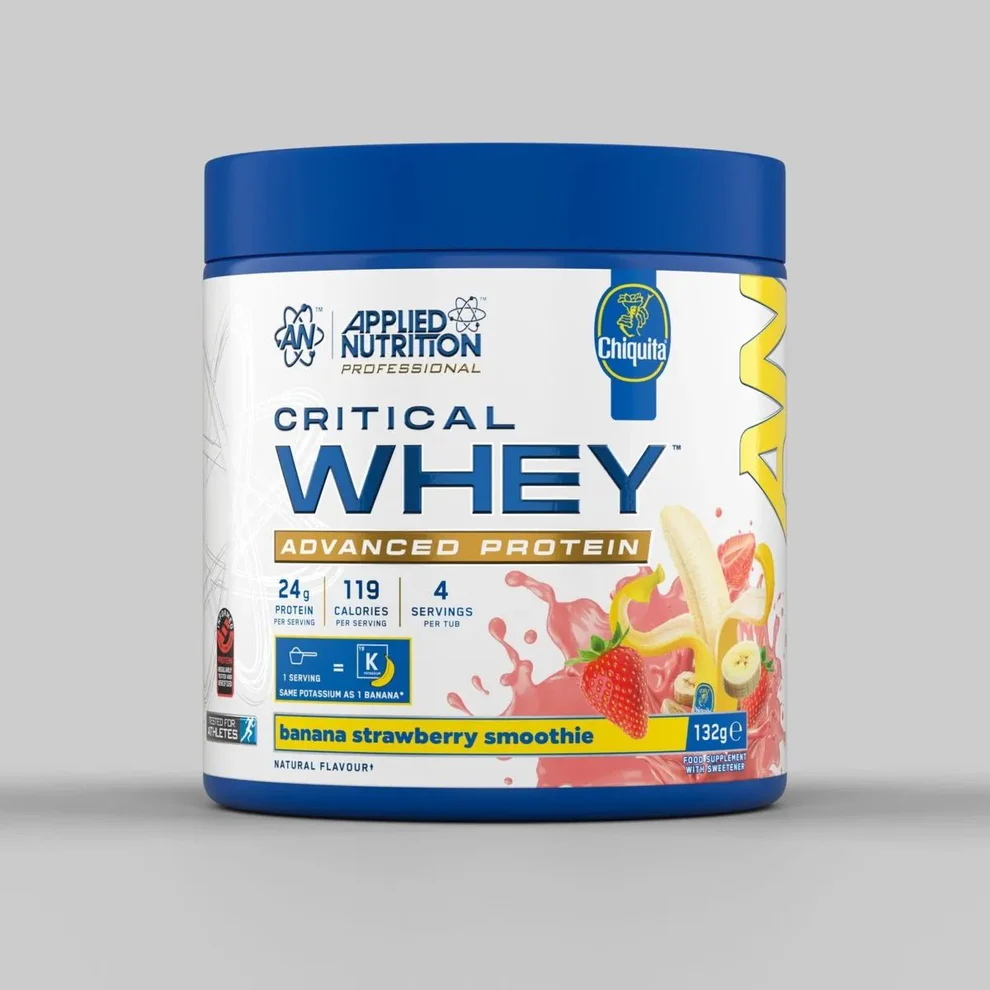 Back view of Applied Nutrition Critical Whey 4 Servings pouch showing nutrition facts and ingredient details