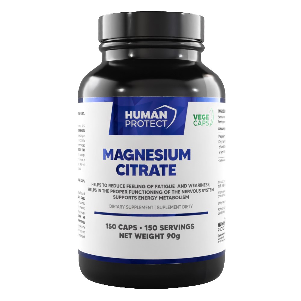Human Protect Magnesium Citrate dietary supplement, 150 capsules, supports energy metabolism and nervous system function, in a black and white bottle with blue accents.