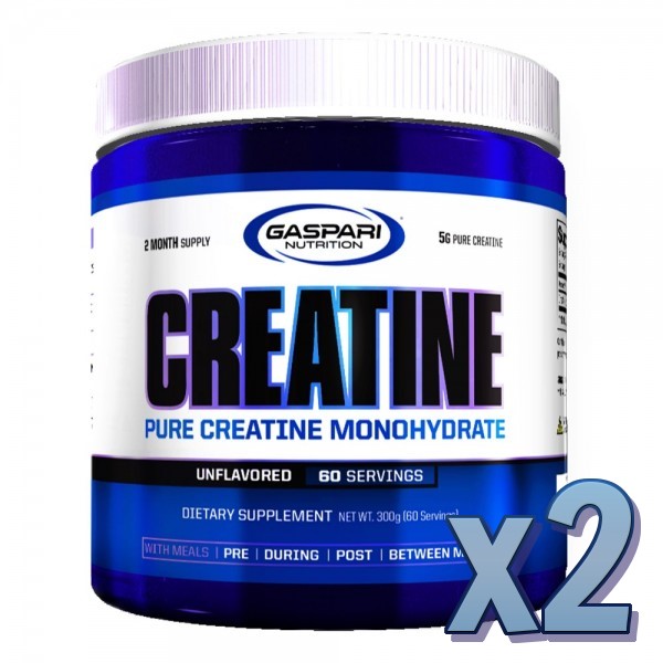 Gaspari Nutrition Creatine Pure Creatine Monohydrate unflavored dietary supplement, 60 servings, blue and white container, x2 pack shown.