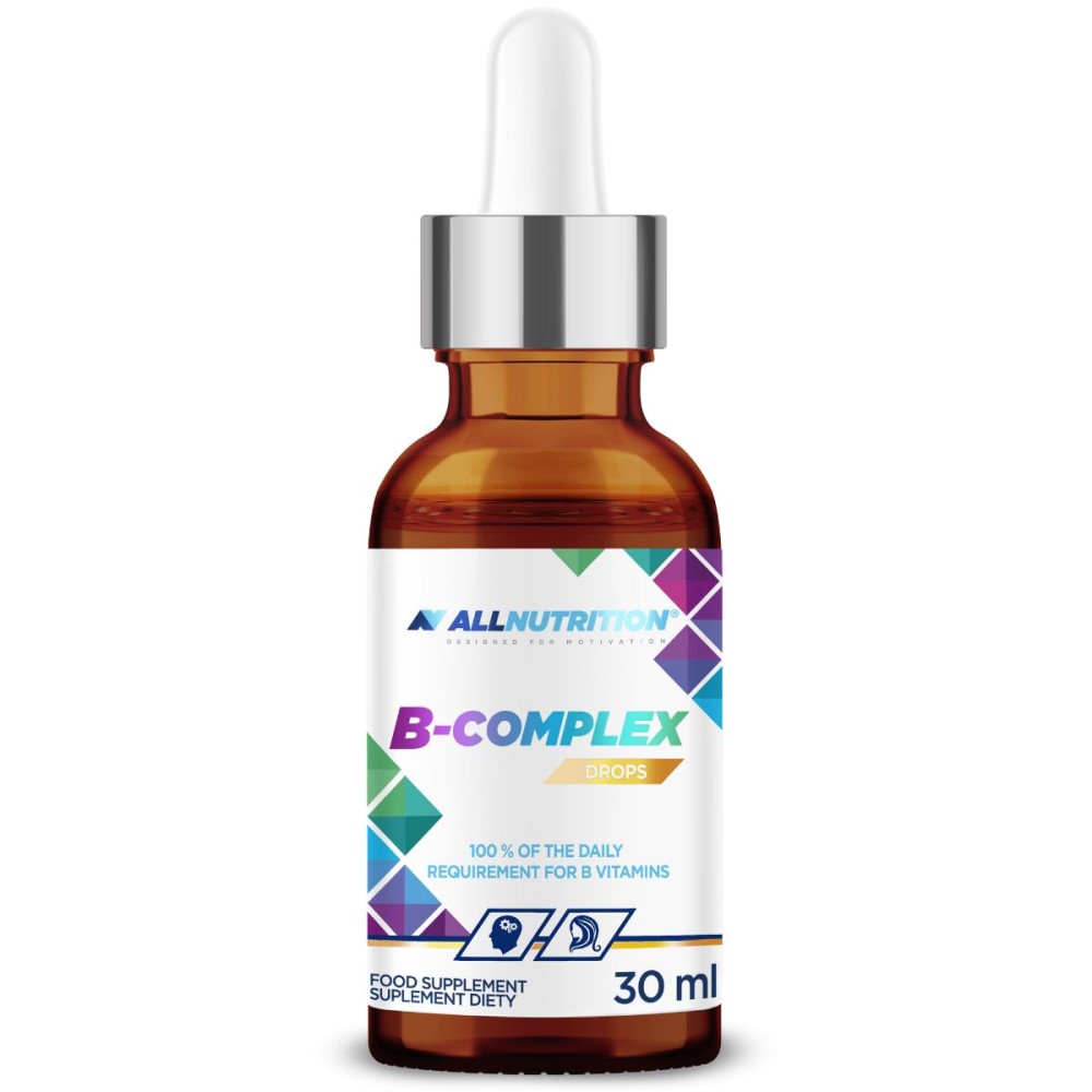 Allnutrition B-Complex Drops 30ml liquid food supplement providing B vitamins, in an amber dropper bottle with a colorful geometric label.