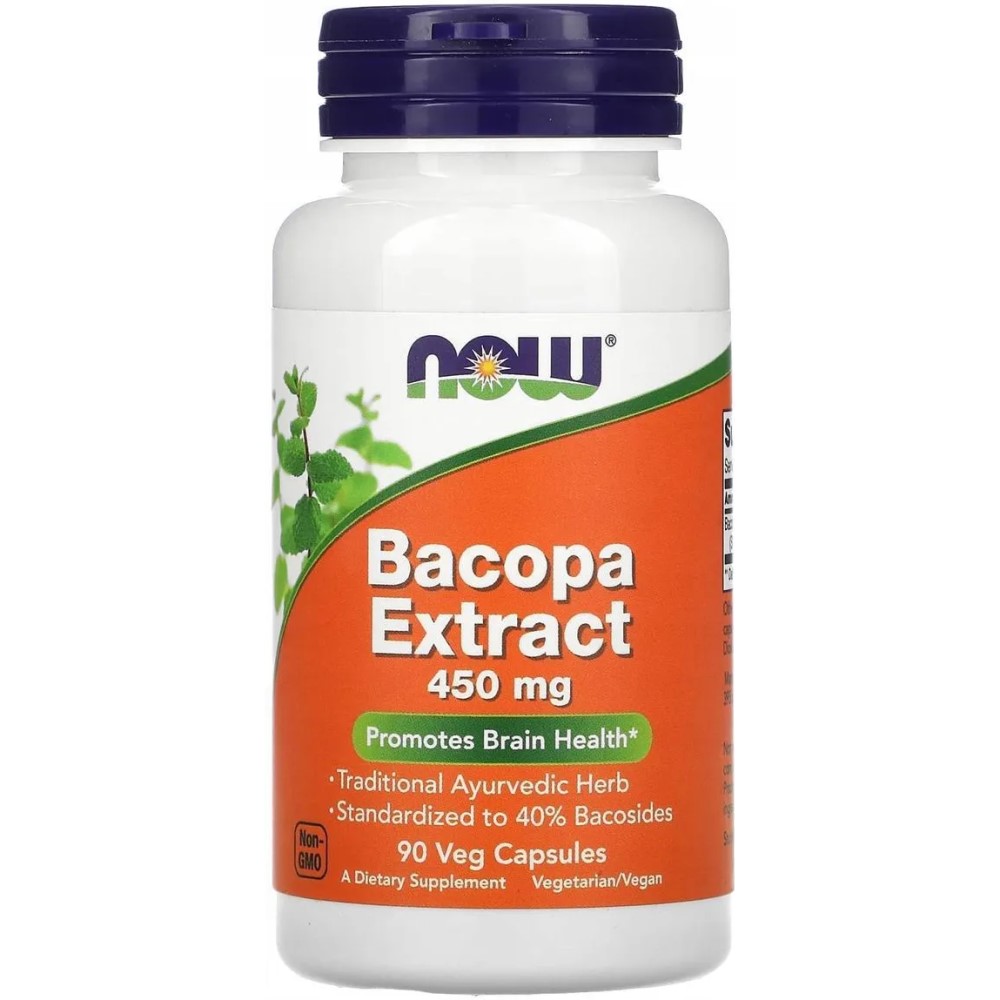 NOW Foods Bacopa Extract 450mg 90 Vege Caps bottle, white plastic with green and orange label, dietary supplement