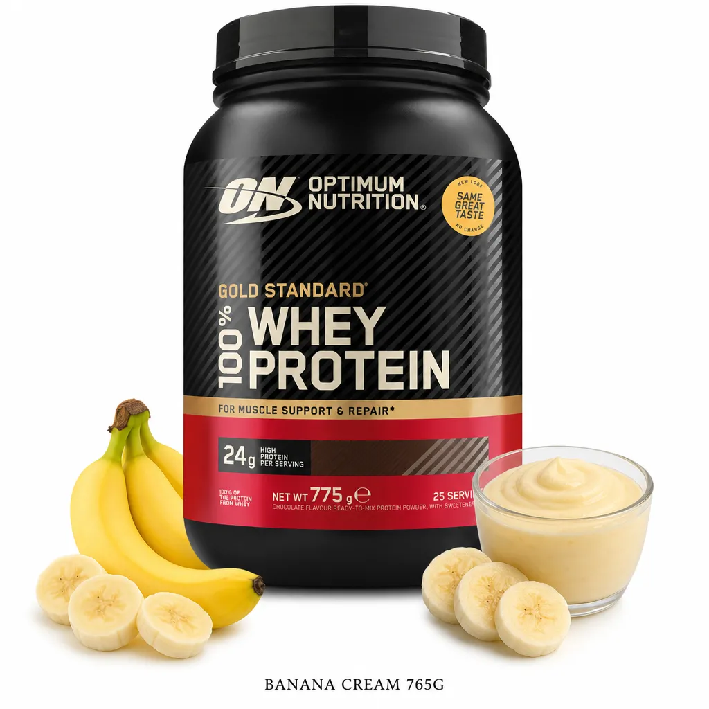 Optimum Nutrition Gold Standard 100% Whey Protein Banana Cream 765g, featuring a premium whey blend for muscle support, shown with fresh bananas and banana cream.