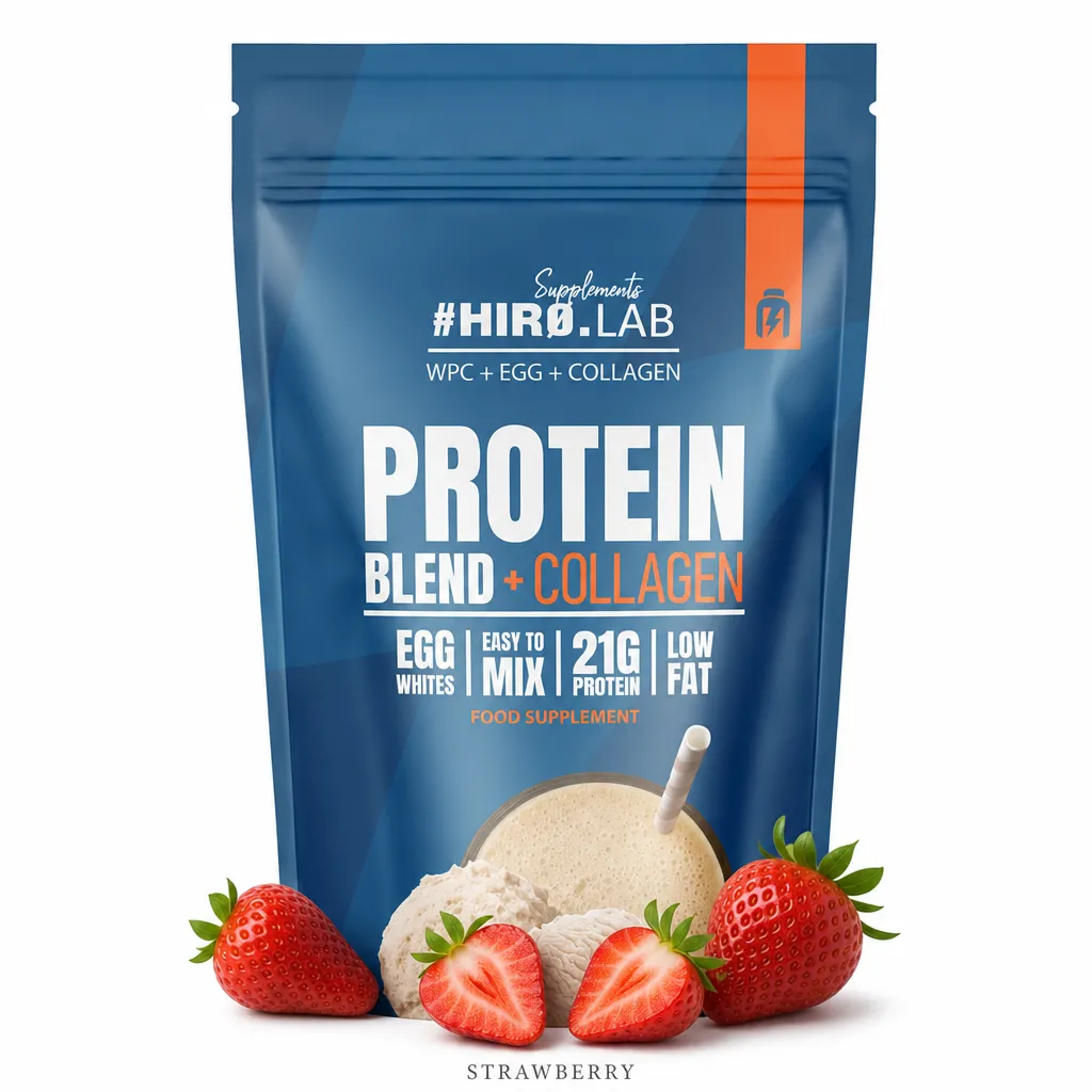 Hiro Lab Protein Blend + Collagen 750g strawberry flavor protein supplement with whey, egg, and collagen, low fat, 21g protein per serving, in a blue pouch.