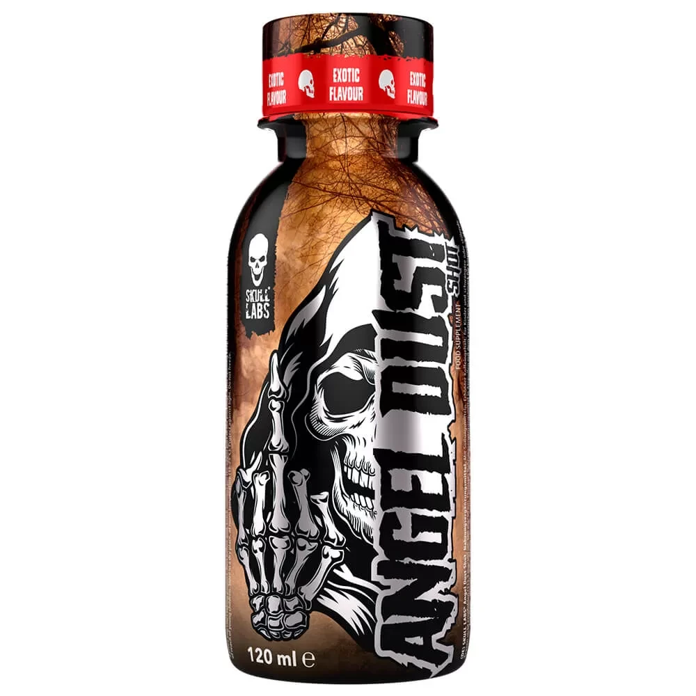 Skull Labs Angel Dust Shot Exotic is a 120ml pre-workout energy booster drink featuring a bold skull design, formulated for enhanced performance and endurance.