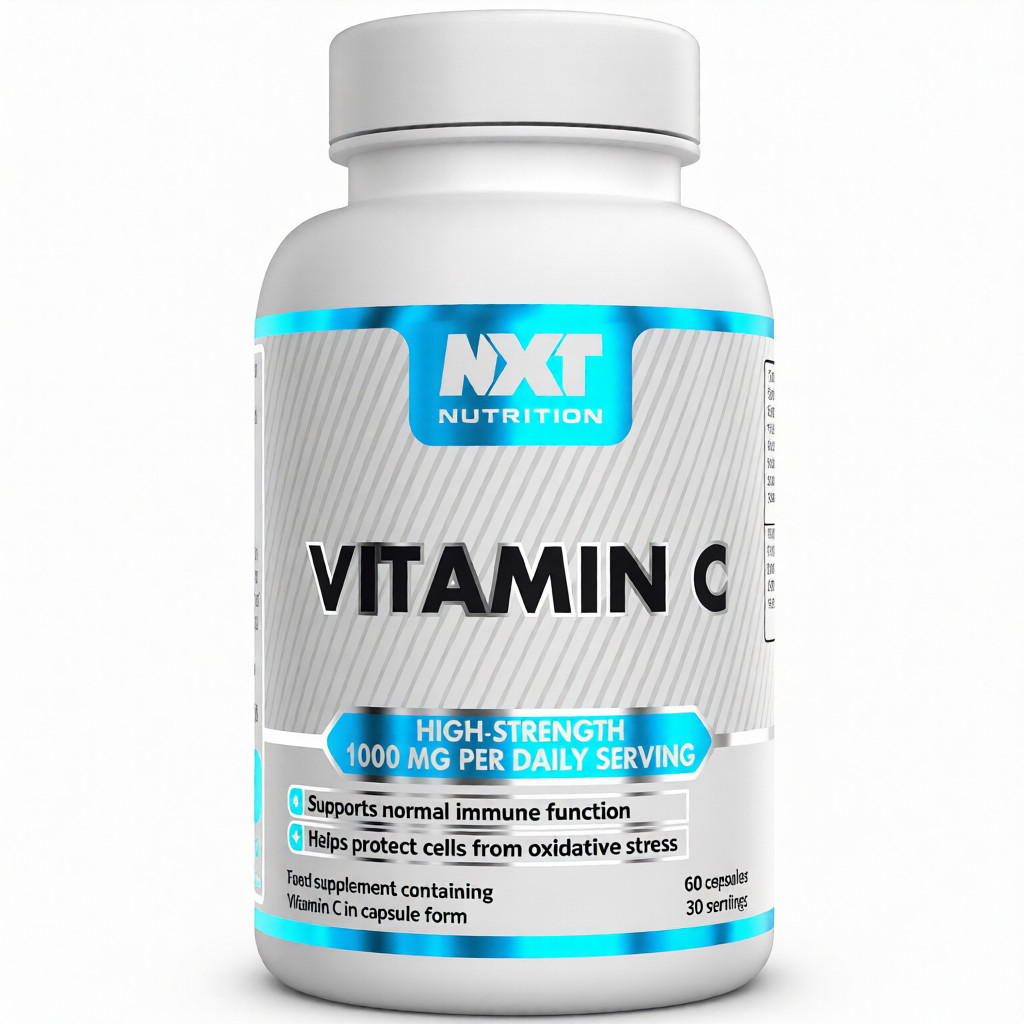 NXT Nutrition Vitamin C 60 Caps bottle with white label, orange accents, and clear dosage information on the front