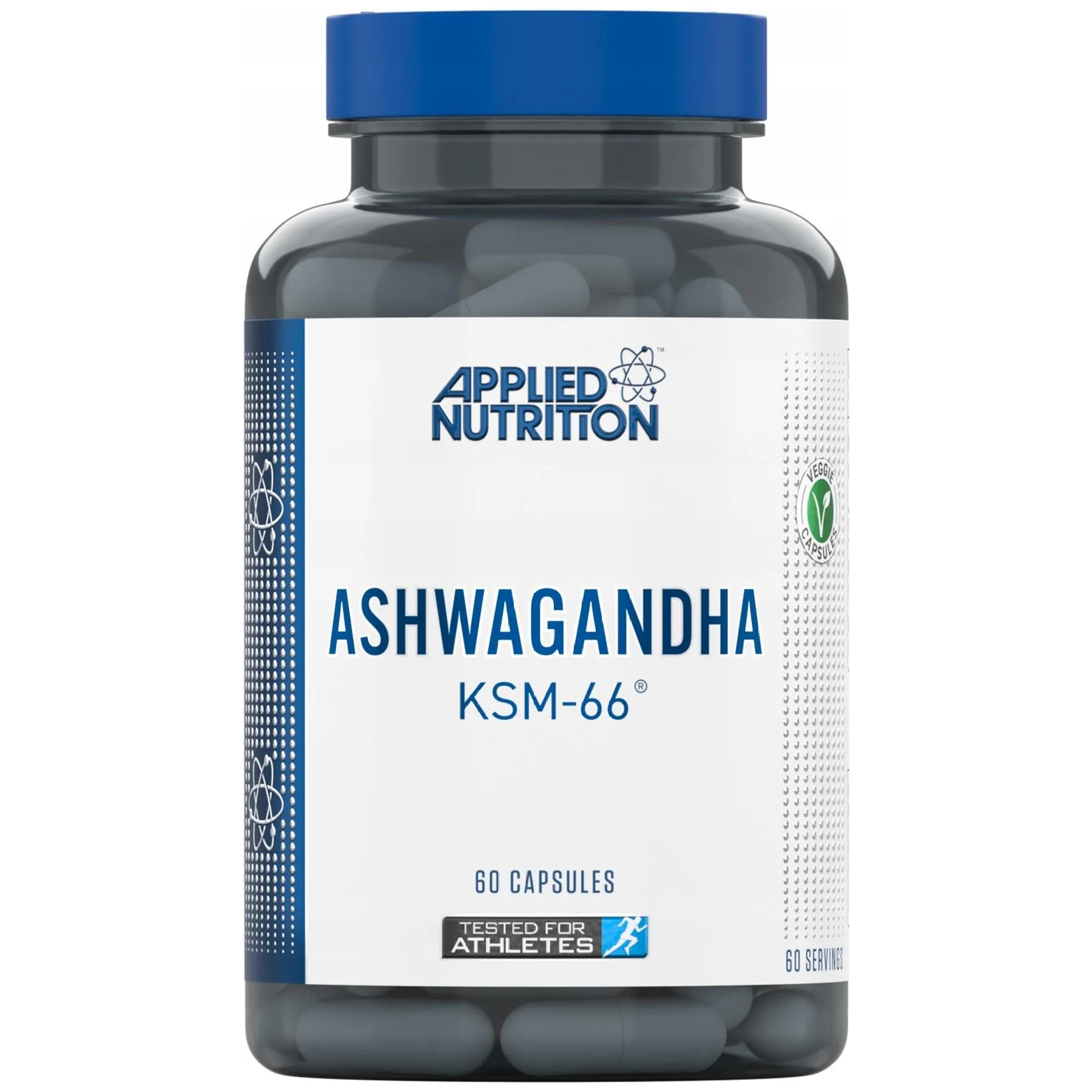Applied Nutrition Ashwagandha KSM-66 60 capsules, a dietary supplement with KSM-66 ashwagandha extract, suitable for athletes and vegetarians, in a blue and white bottle.