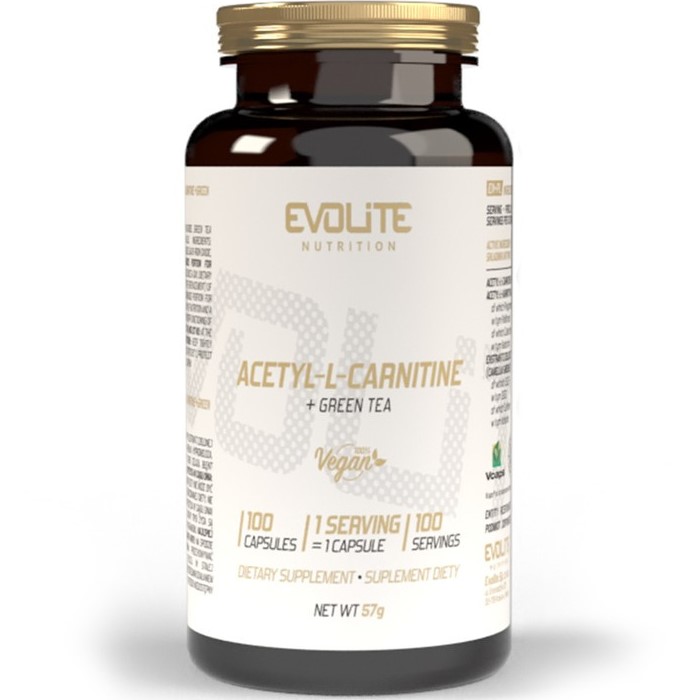 Evolite Acetyl-L-Carnitine + Green Tea vegan dietary supplement, 100 capsules, brown bottle with gold lid, for energy and metabolism support.