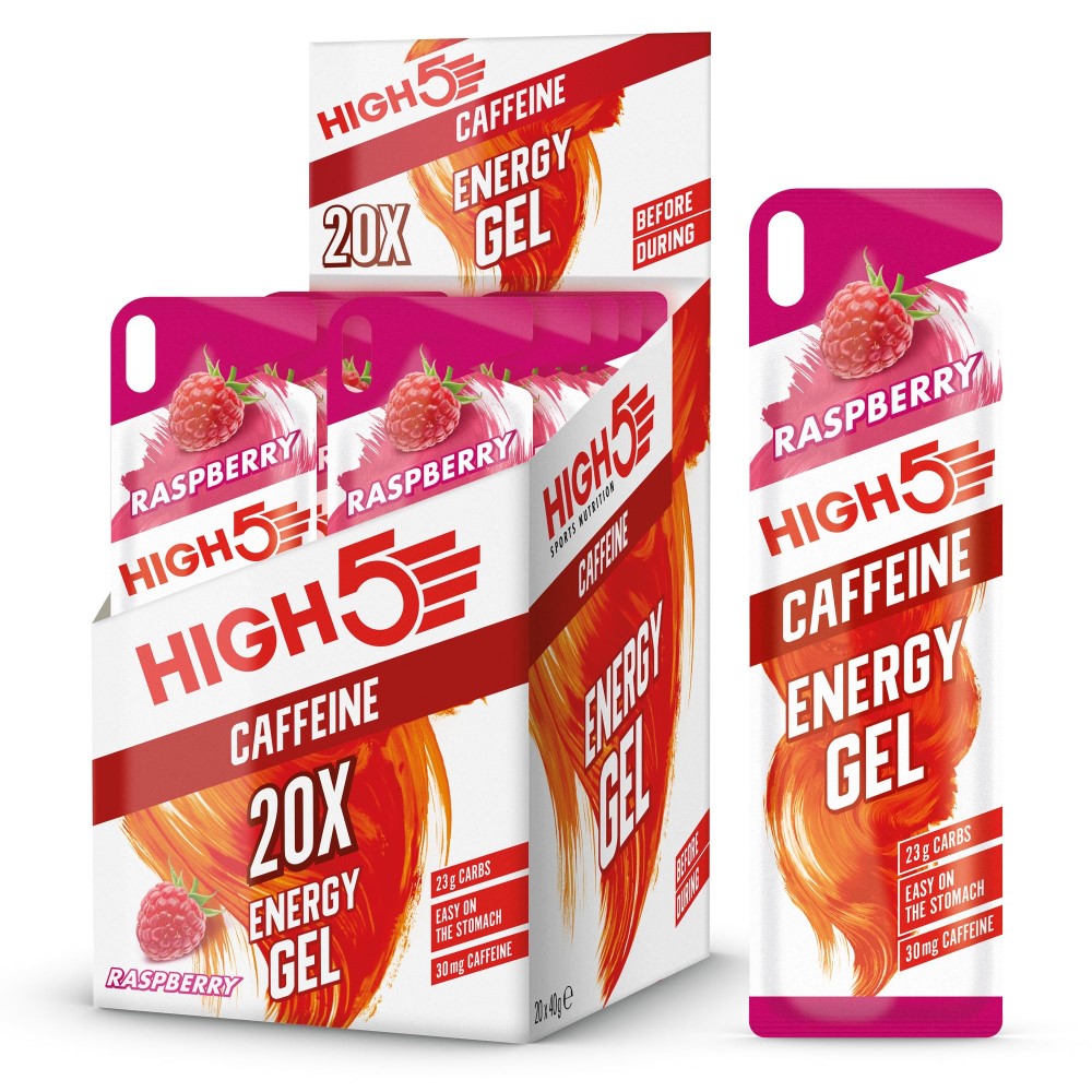 High5 Caffeine Energy Gel raspberry flavour, 20x40g pack, sports nutrition gel with 23g carbs, 30mg caffeine per sachet, easy on the stomach, designed for endurance athletes.