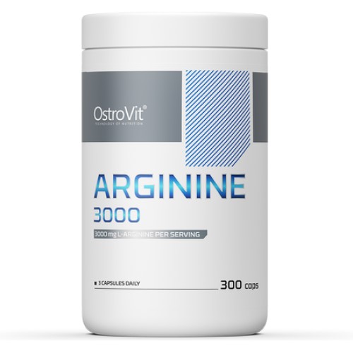 OstroVit Arginine 3000 300 caps dietary supplement with 3000 mg L-arginine per serving, white bottle with blue and grey label.
