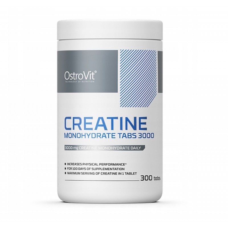 OstroVit Creatine Monohydrate Tabs 3000, a dietary supplement with 300 tablets per container, designed to support physical performance with 3000 mg creatine monohydrate per daily serving. White bottle with blue and grey accents.