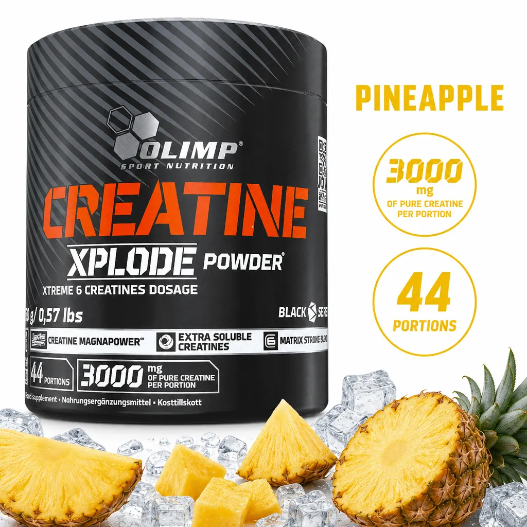 Olimp Creatine Xplode Pineapple flavour creatine powder in a 260g black tub with a six-creatine blend