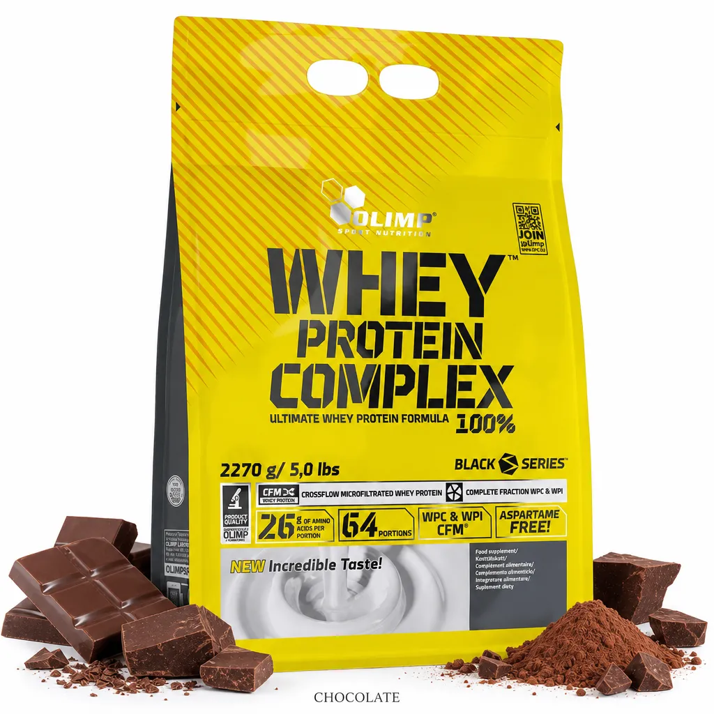 Olimp Whey Protein Complex 100% by Olimp Nutrition, chocolate flavour, premium whey protein supplement with dual protein matrix, shown in a yellow and black pouch with chocolate pieces and powder.