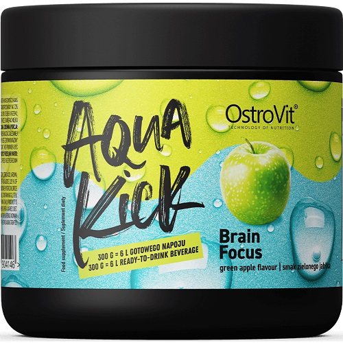 OstroVit Aqua Kick Brain Focus green apple flavour powdered supplement, 300g jar, designed for cognitive support and hydration.