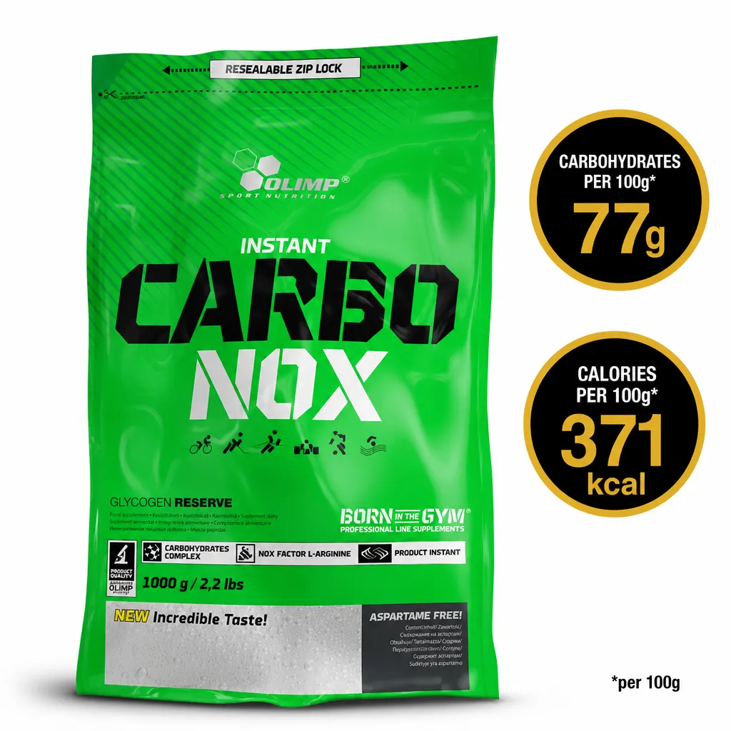Olimp Carbo-Nox 1000g instant carbohydrate powder supplement in a bright green resealable pouch