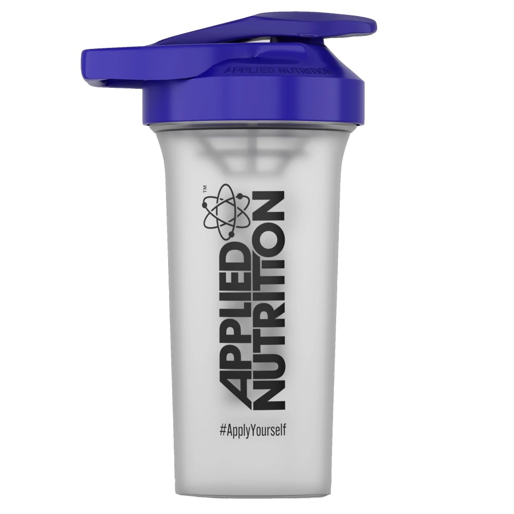 Applied Nutrition Shaker with a clear body and blue lid, featuring the Applied Nutrition logo and #ApplyYourself text, ideal for mixing supplements or protein shakes.
