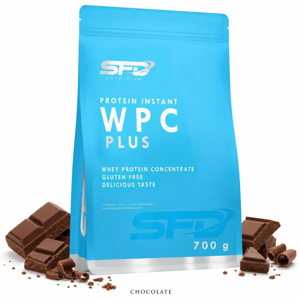 SFD WPC Protein Plus 700g chocolate flavor whey protein concentrate powder, gluten-free, in a blue resealable pouch with chocolate pieces around the package.