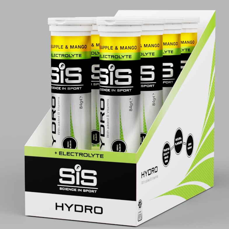 SiS Hydro + Electrolyte Pineapple & Mango effervescent electrolyte tabs with added B vitamins, 84g tubes, in a retail display box. Zero sugar, natural flavours.