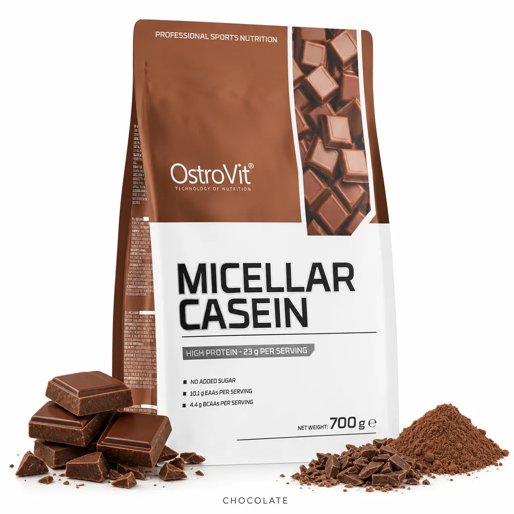 OstroVit Micellar Casein 700g chocolate flavour protein powder, high in protein with 23g per serving, low sugar, low fat, ideal for muscle recovery and growth.