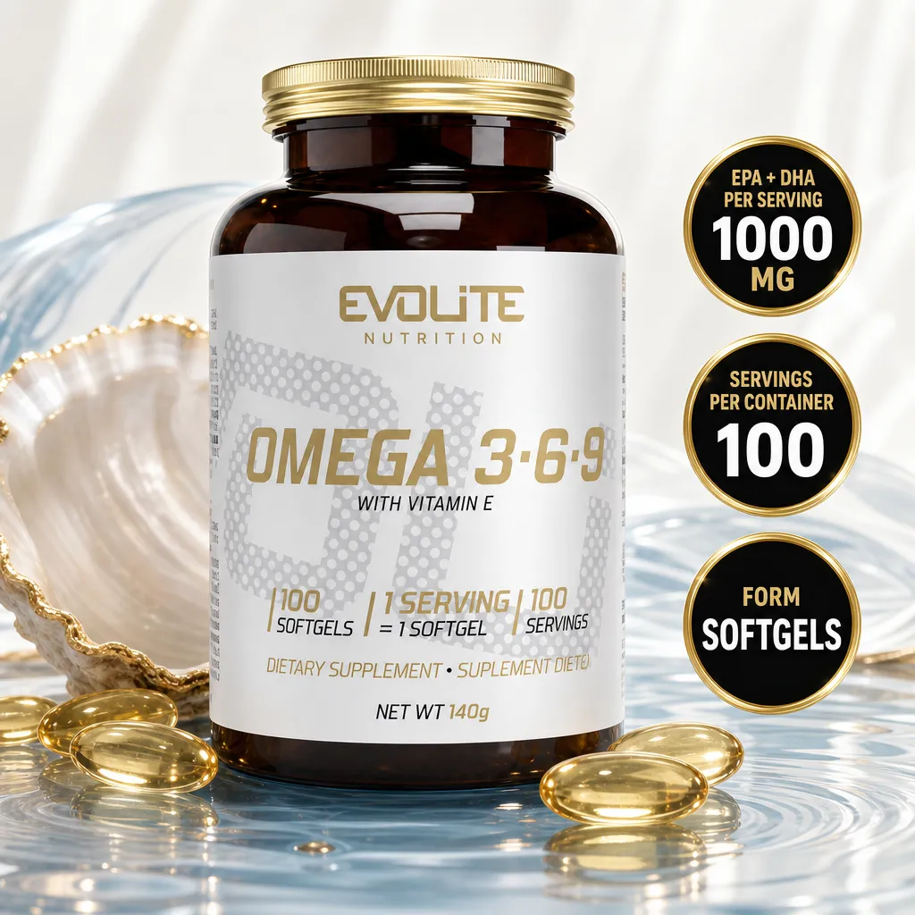 Evolite Nutrition Omega 3-6-9 dietary supplement with vitamin E, 100 softgels in a 140g bottle