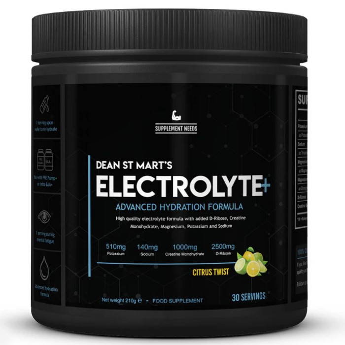 Supplement Needs Electrolyte+ advanced hydration formula, 210g Citrus Twist flavour, featuring potassium, sodium, creatine monohydrate, and D-ribose, in a black tub.