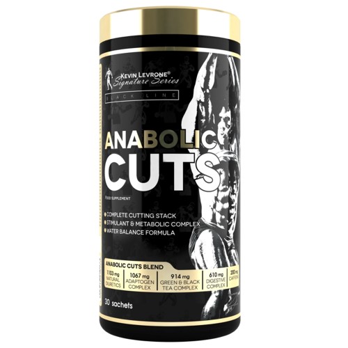 Kevin Levrone Anabolic Cuts 30 sachets, a fitness supplement for cutting, featuring a stimulant and metabolic complex, water balance formula, and various blends. Black and gold packaging.