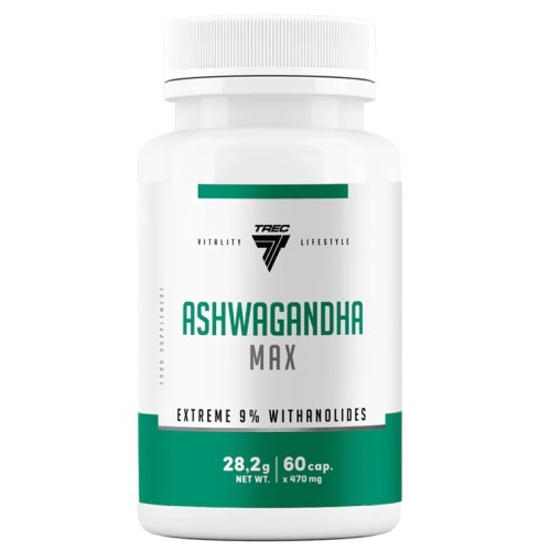 Trec Nutrition Ashwagandha Max 60 cap supplement with 9% withanolides, herbal capsules for vitality and lifestyle, white and green bottle