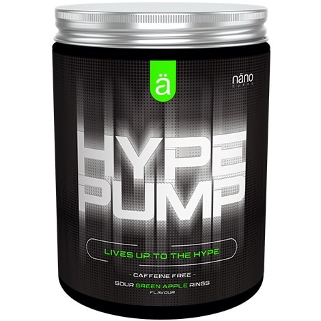 Nano Supps Hype Pump pre-workout supplement, sour green apple rings flavour, 420g, caffeine free, in a black container with metallic accents.