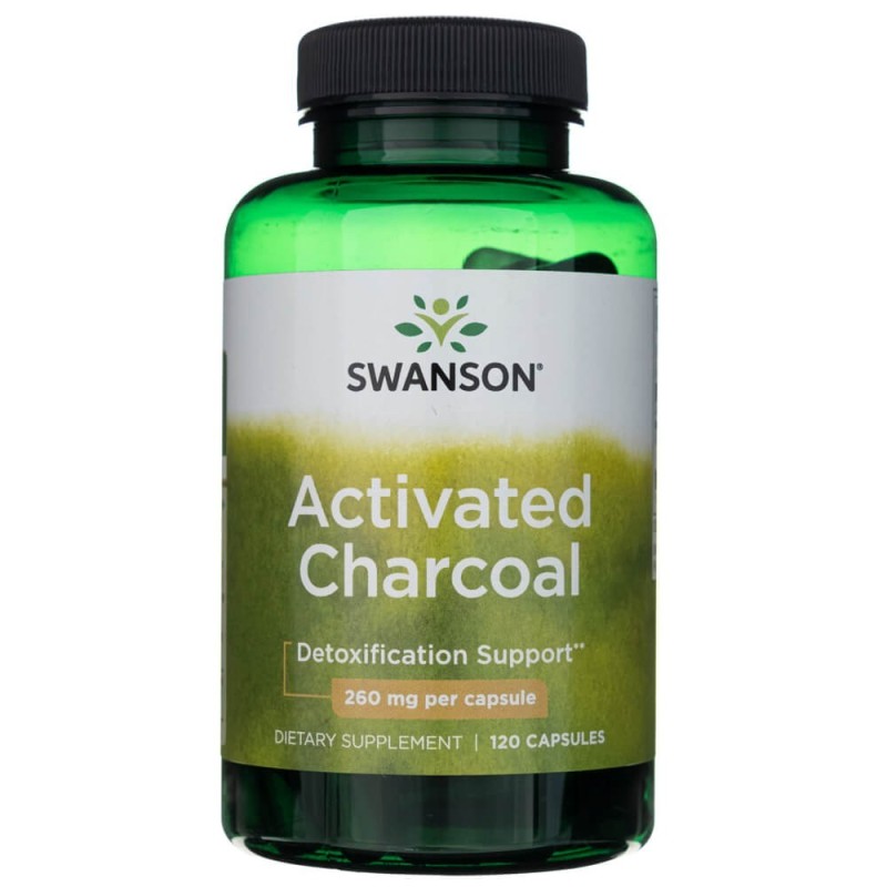 Swanson Activated Charcoal 260mg dietary supplement in a green bottle, 120 capsules, for detoxification support.