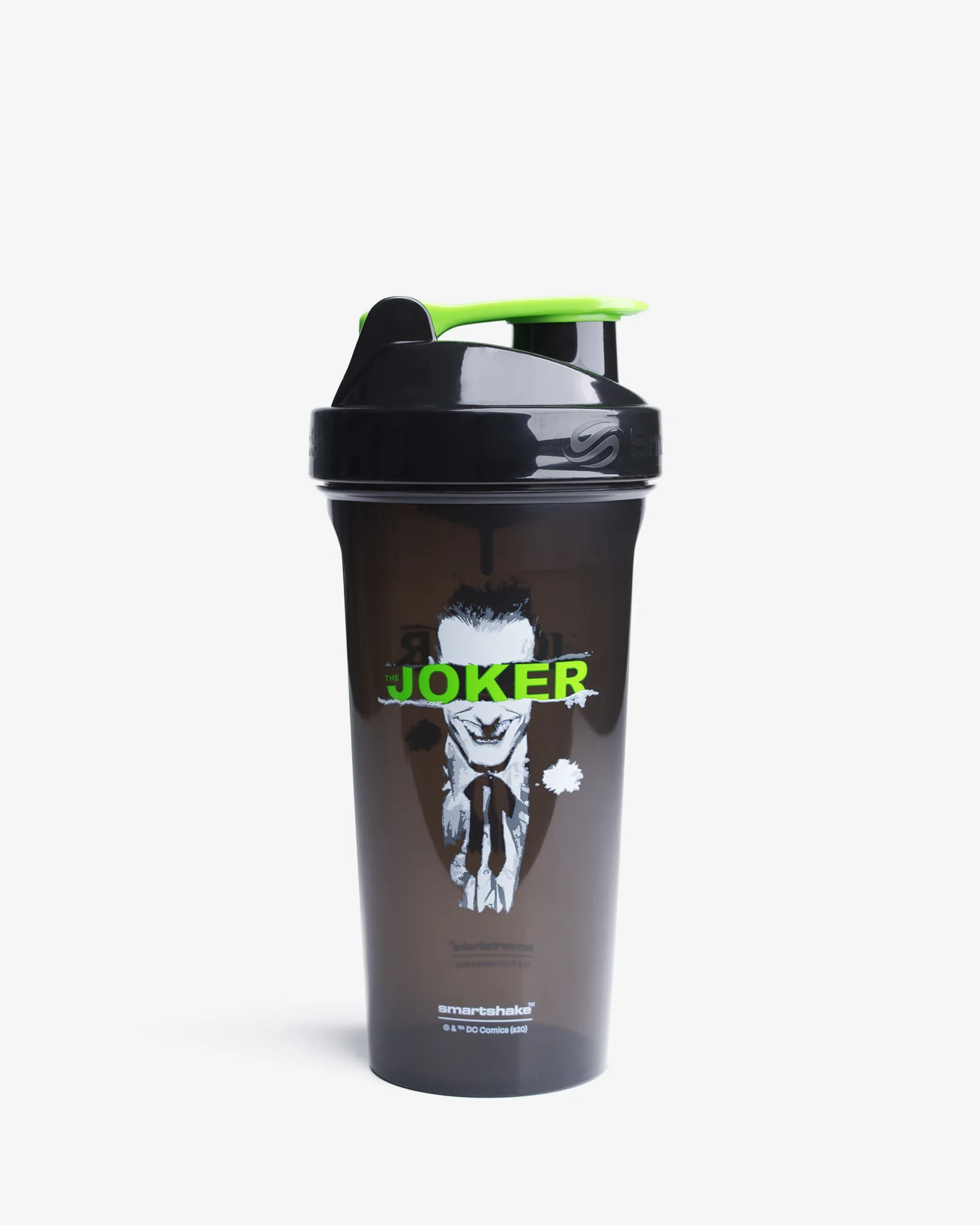 SmartShake Lite DC Comics Joker 800ml shaker bottle featuring a bold Joker graphic, black body, and green flip cap, ideal for mixing drinks on the go.