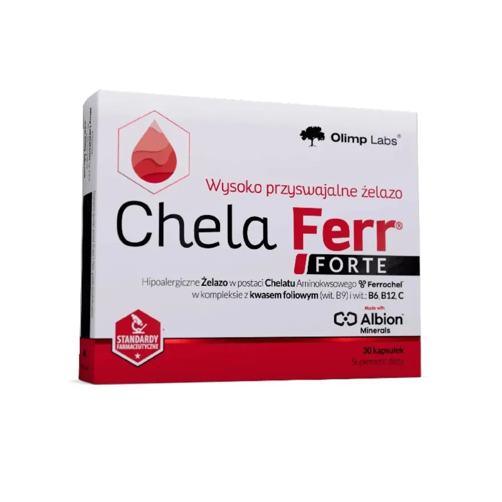 Olimp Chela Ferr Forte highly absorbable iron supplement, 30 capsules, with Ferrochel amino acid chelate, folic acid, and vitamins B6, B12, and C.