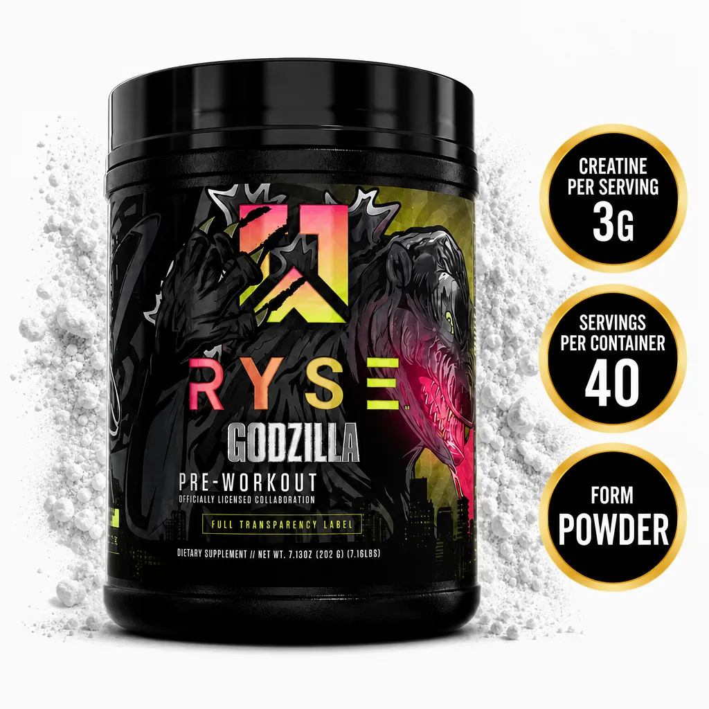 RYSE Godzilla Pre-Workout is a black powder dietary supplement with 40 servings and 3g creatine per serving.