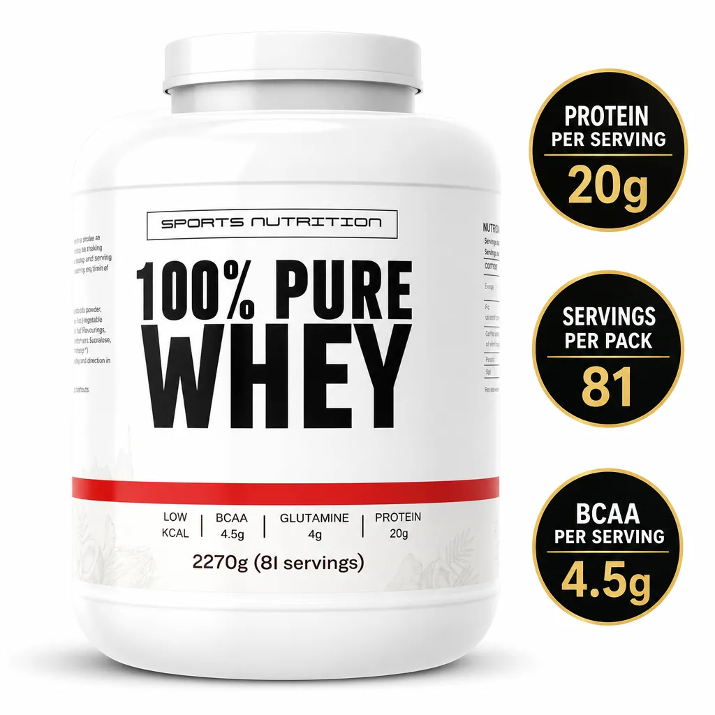Sports Nutrition 100% Pure Whey protein powder, 2270g tub with 20g protein and 4.5g BCAA per serving