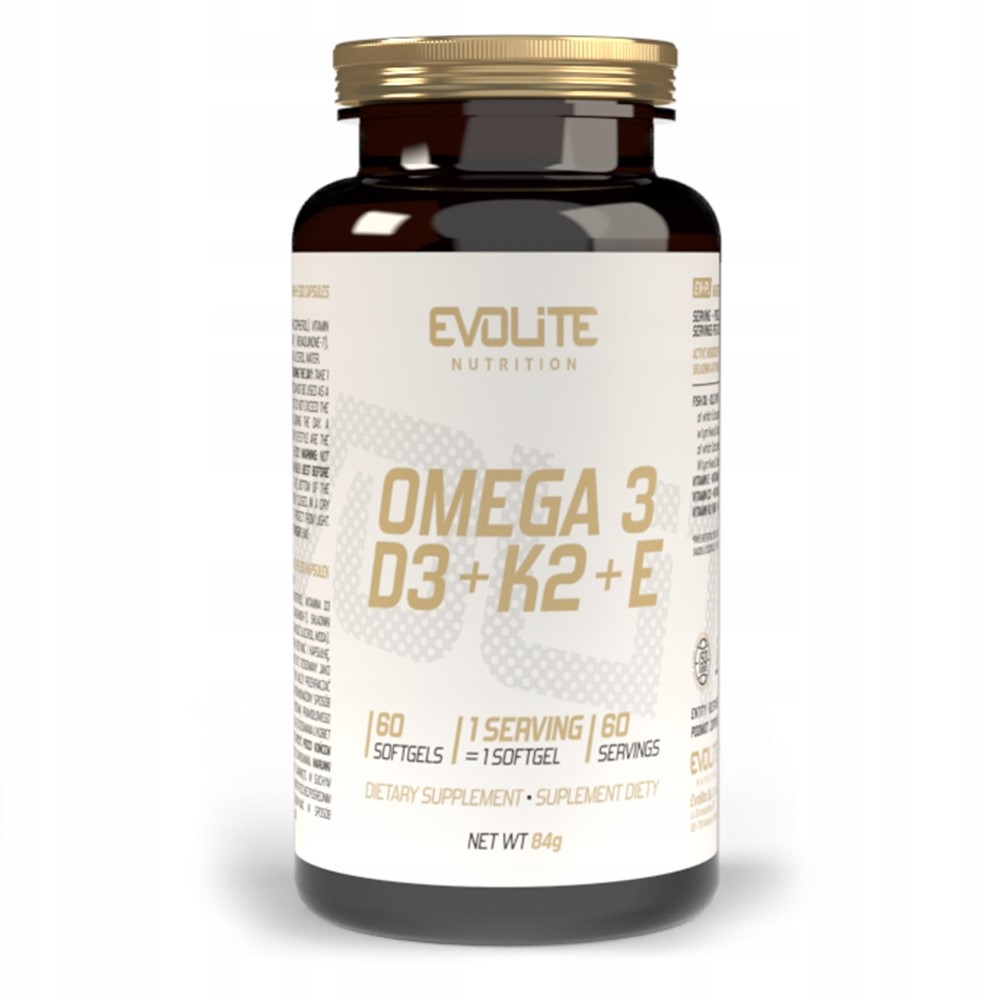 Evolite Omega 3 D3 K2 E dietary supplement, 60 softgels, combines omega-3 fatty acids with vitamins D3, K2, and E in a brown bottle with a gold cap.