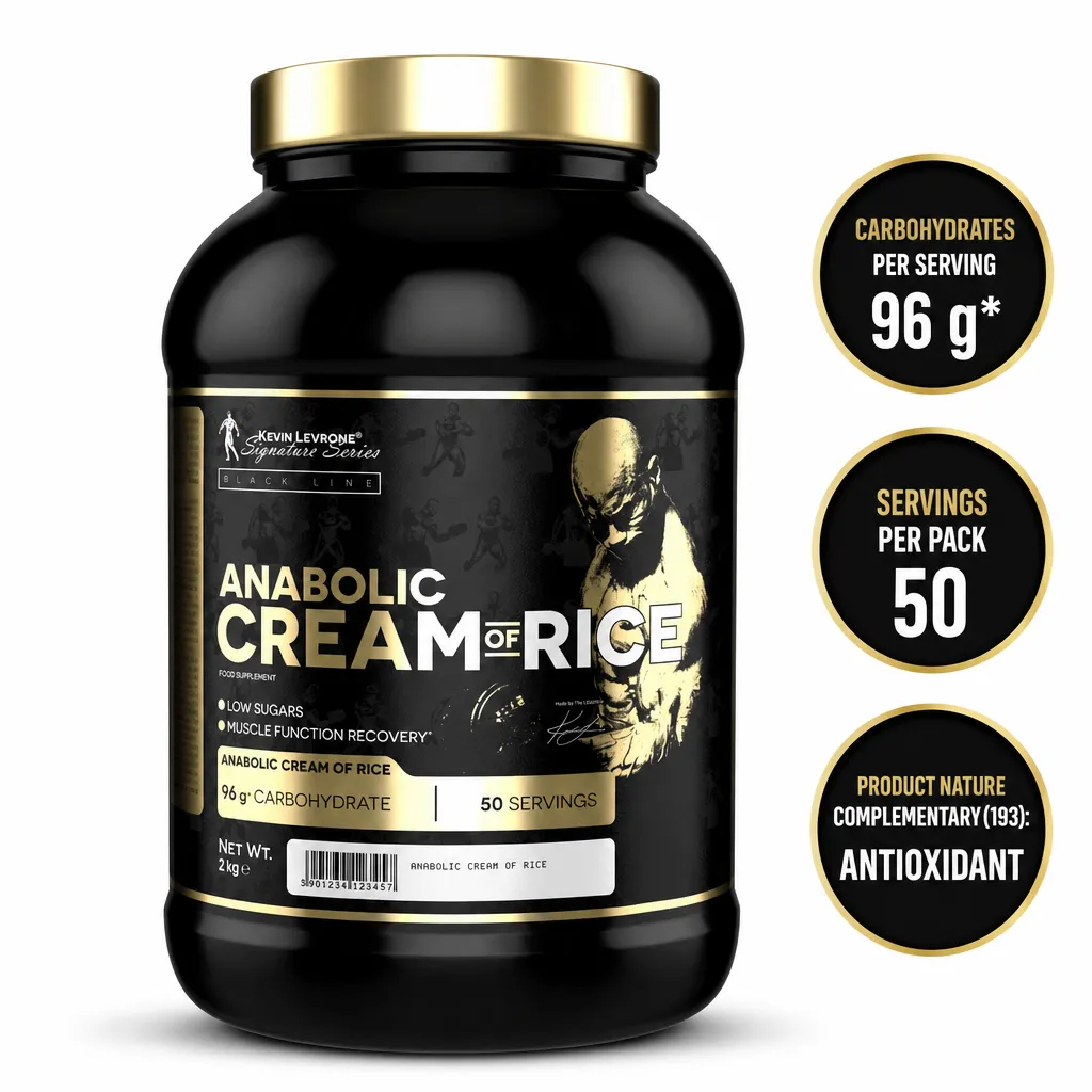 Kevin Levrone Anabolic Cream of Rice 2000g carbohydrate powder in a black and gold tub with 50 servings