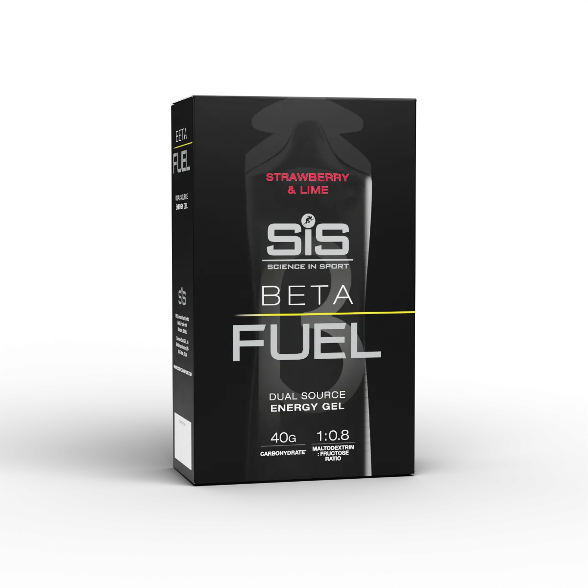 SiS Beta Fuel Energy Gel in strawberry and lime flavour, dual-source carbohydrate energy gel with 40g carbohydrate