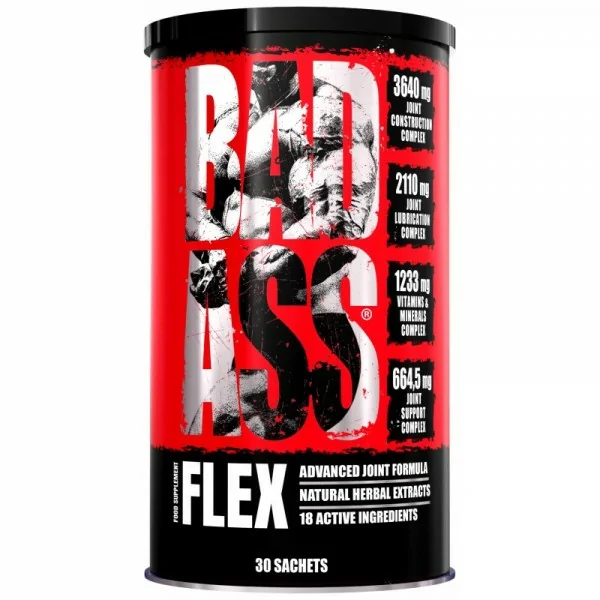 Bad Ass Flex advanced joint formula supplement with natural herbal extracts, 30 sachets, in a red and black container for joint support and health.