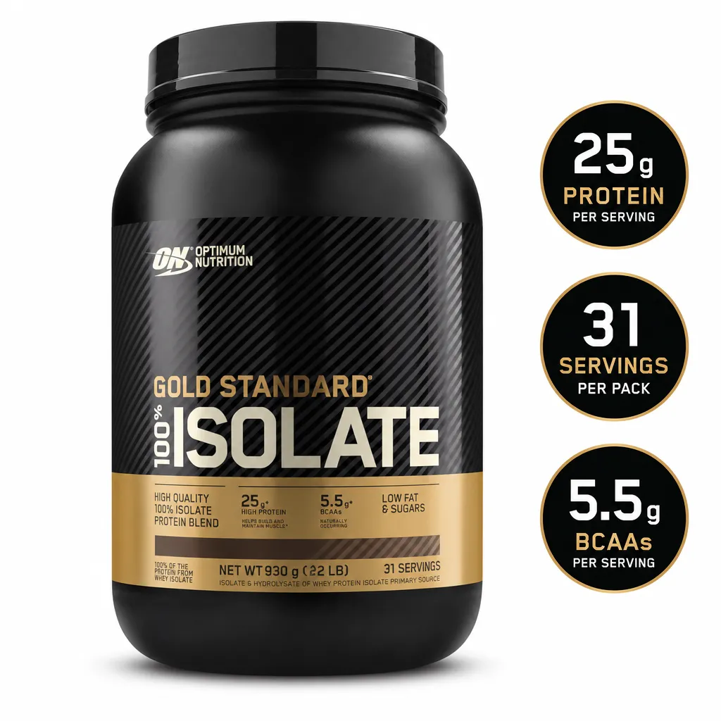 Optimum Nutrition Gold Standard 100% Isolate 930g whey protein powder in a black and gold tub with 25g protein per serving