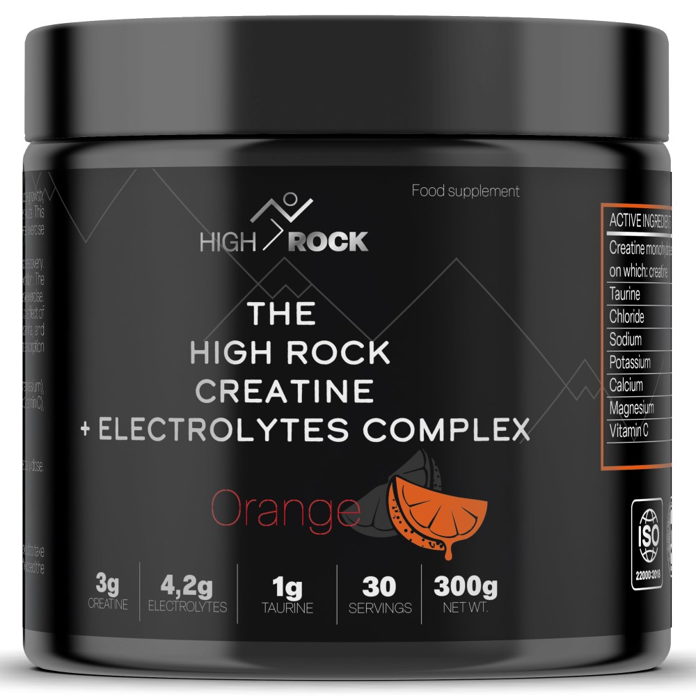 High Rock Creatine + Electrolytes Complex Orange flavour, 300g supplement powder with 30 servings, containing creatine, electrolytes, and taurine.