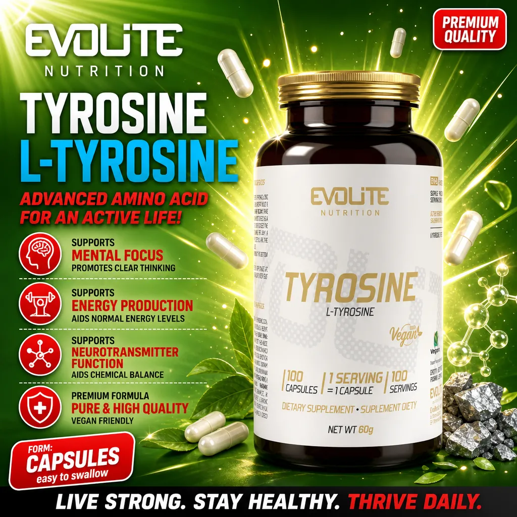 Evolite Tyrosine L-Tyrosine vegan amino acid supplement in capsule form, 100 capsules per bottle, supports mental focus, energy production, and neurotransmitter function, premium quality, green and white packaging.