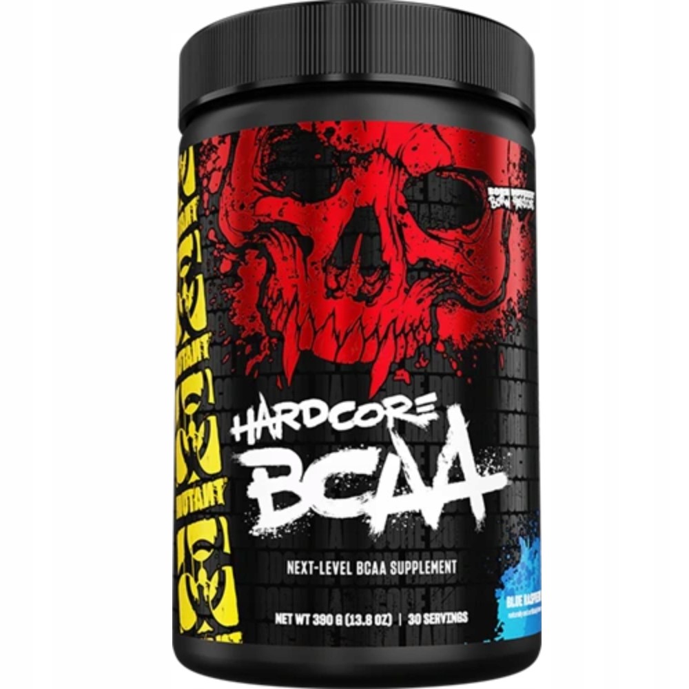 Mutant Hardcore BCAA 390g Blue Raspberry is a next-level BCAA supplement with a bold red skull design and yellow Mutant branding on a black container.