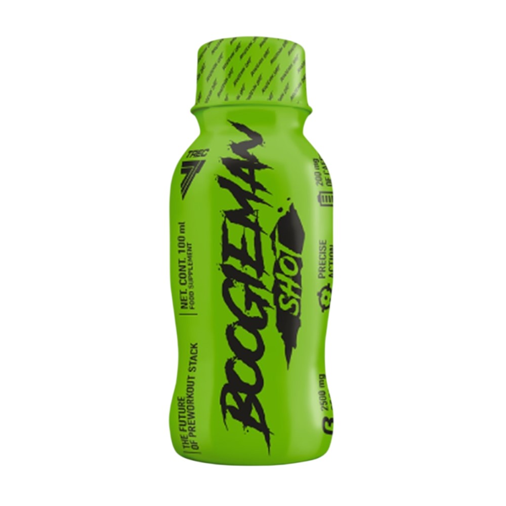 Trec Nutrition Boogieman Shot 100ml pre-workout supplement in a bright green bottle, known for its energy-boosting formula, likely grapefruit lime flavour.