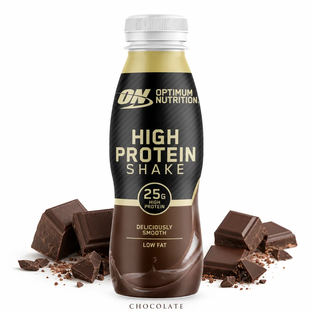 Optimum Nutrition High Protein Shake chocolate flavour, 330ml bottle, featuring 25g protein, low fat, and a smooth ready-to-drink formula for muscle support.