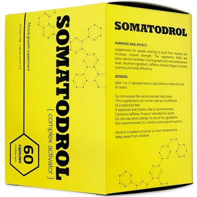 Iridium Labs Somatodrol 60 capsules muscle growth supplement in a bright yellow box, designed to support muscle building and increase testosterone levels.