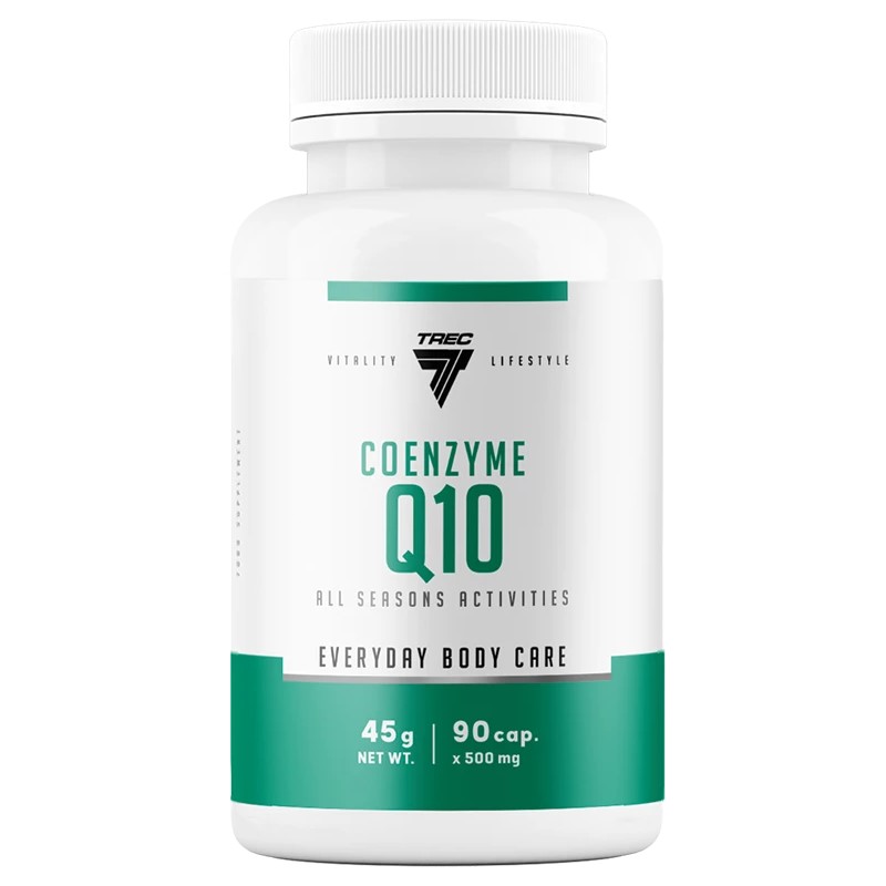 Trec Coenzyme Q10 90 cap dietary supplement, 500 mg capsules, white and green bottle, supports everyday body care.