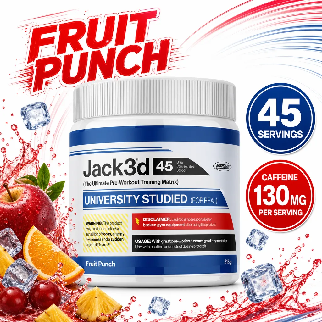 USP Labs Jack3d 45 Servings fruit punch pre-workout supplement in a white tub with blue label and 130 mg caffeine per serving