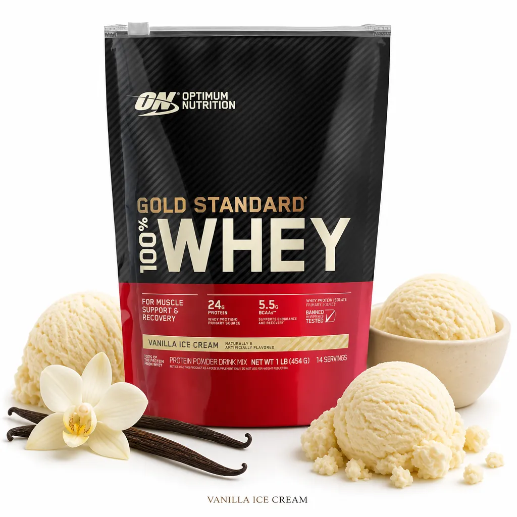 Optimum Nutrition Gold Standard 100% Whey 450g Vanilla Ice Cream flavour protein powder, featuring 24g protein and 5.5g BCAAs per serving, in a black and red pouch.