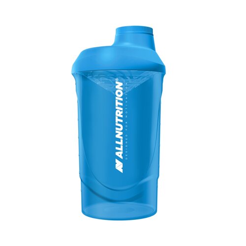 Allnutrition Shaker 600ml light blue, a plastic sports shaker bottle for mixing supplements, featuring a screw-on lid and a vibrant blue color.