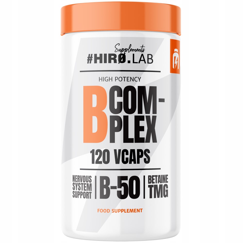 Close-up of Hiro Lab Vitamin B Complex vege capsules, small and white, displayed outside the bottle